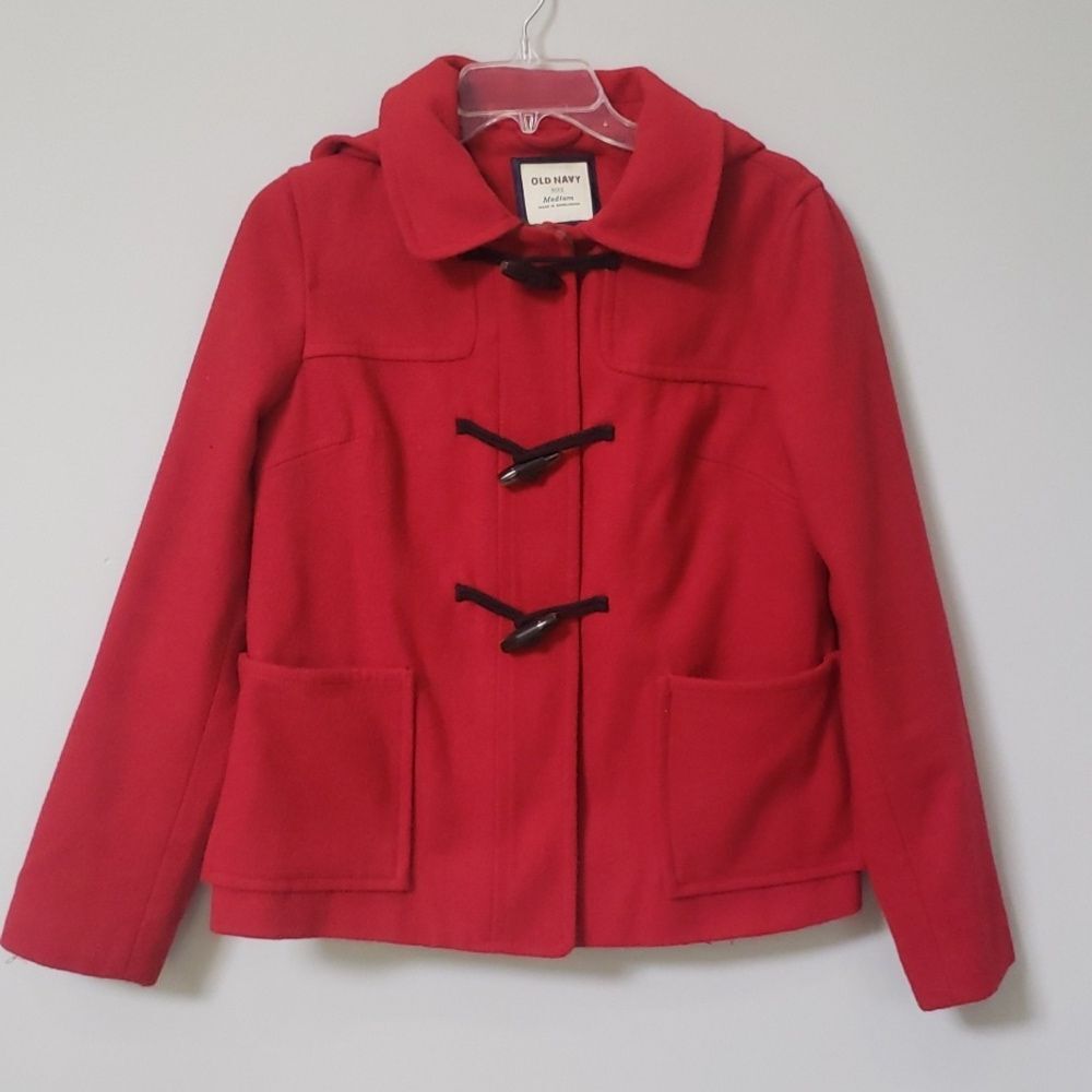 Old Navy Pea Coat Womens M Wool Blend Hooded Toggle Red Nautical Preppy Warm
